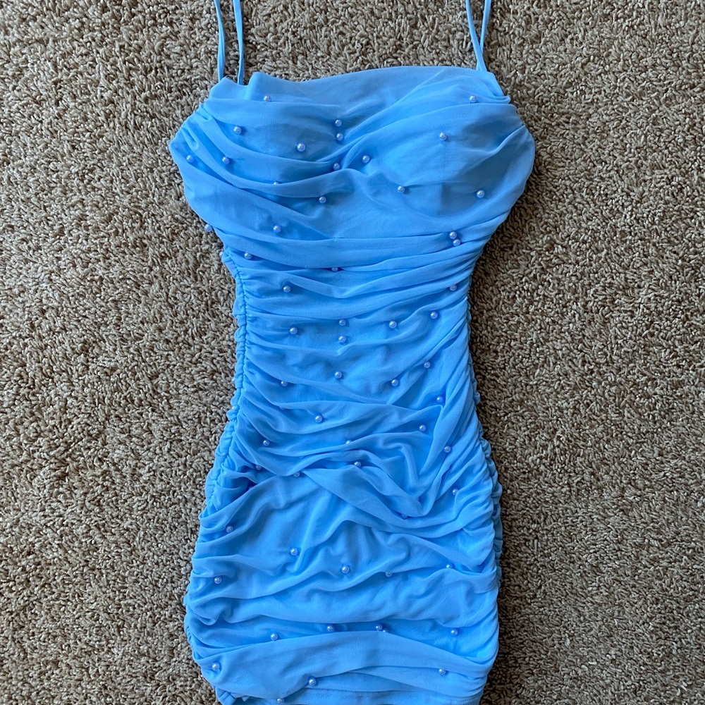 Windsor Light Blue Pearl-Accent Ruched Mini Dress - Picture 2 of 3